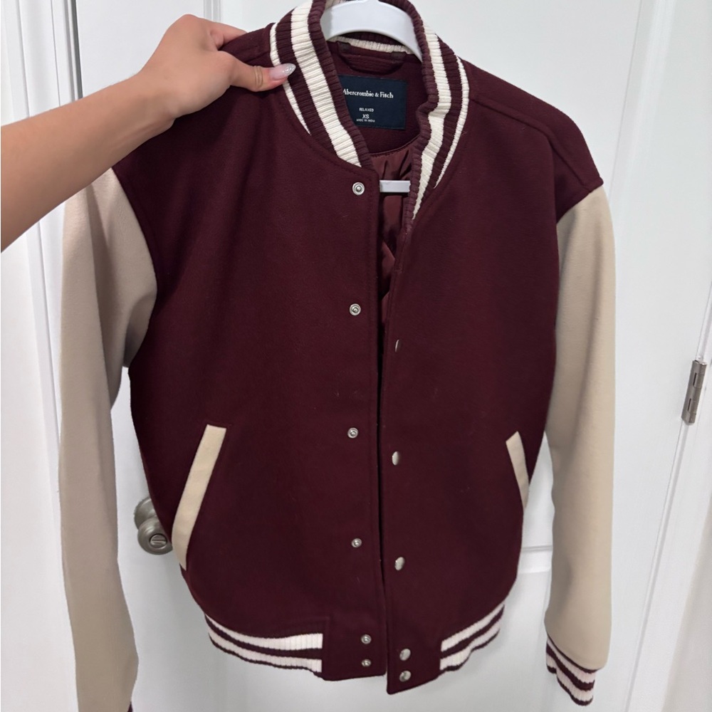 Abercrombie & Fitch Maroon and Beige Varsity Jacket